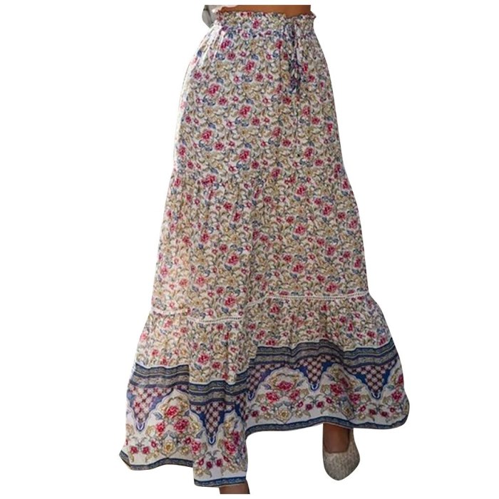 Skirts Womens Womens Fashion Causal Hollowing Hight Waist Print Folk-Custom Pleated Skirt