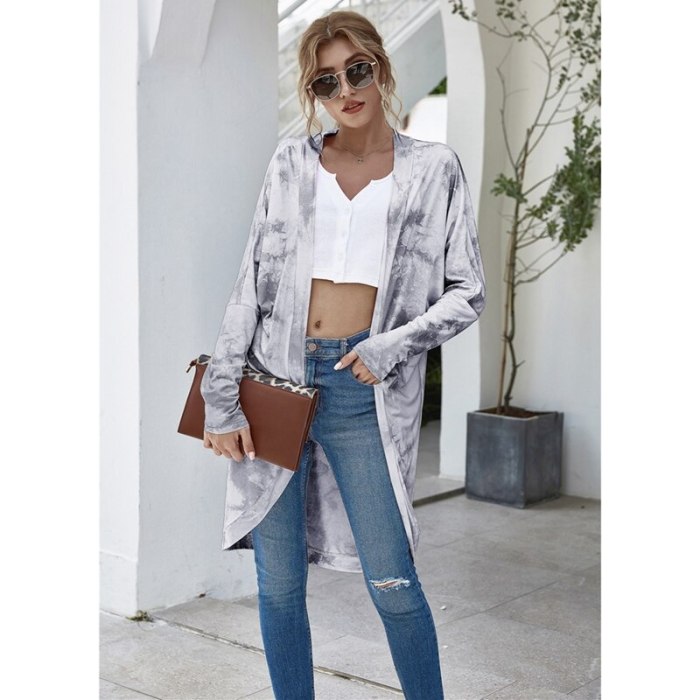 Womens Coat Tie-Dye Printed Long Sleeve Ladies Long Loose Coat Open Front Cover Up Tops Cardigan Jackets