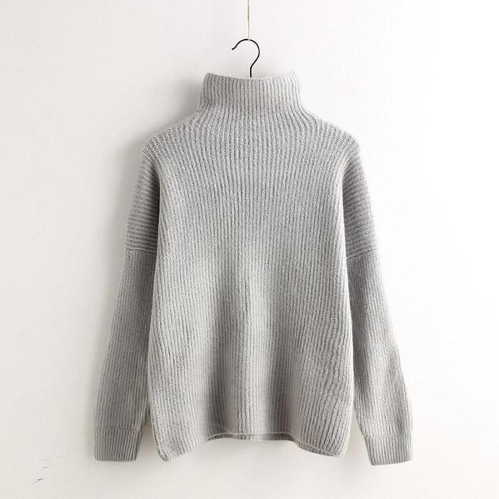 High Collar Solid Color Loose Pullover Sweater
