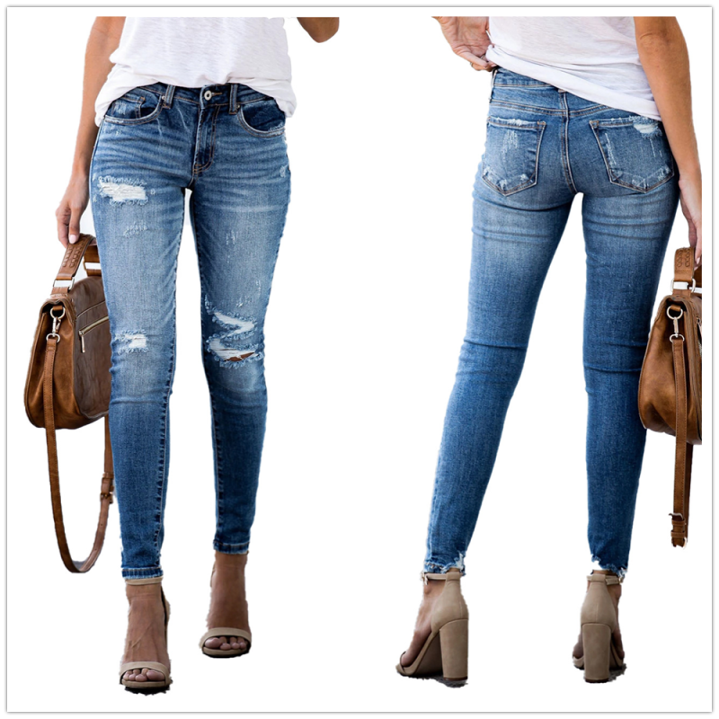 Fall New Retro Mid-Waist Ripped Slim Skinny Fashion Casual Stretch Jean