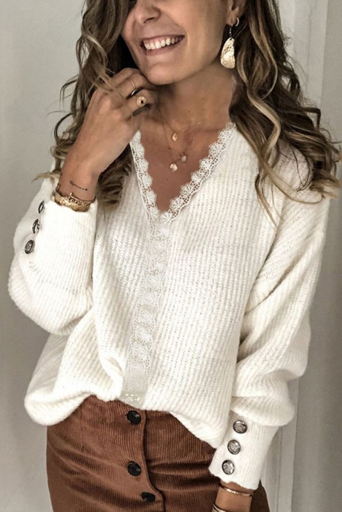 Female Lace Stitching Tops Autumn Winter Women V-neck Buttoned Decorated Long-sleeved Loose Top Ladies Vintage Causal Clothing