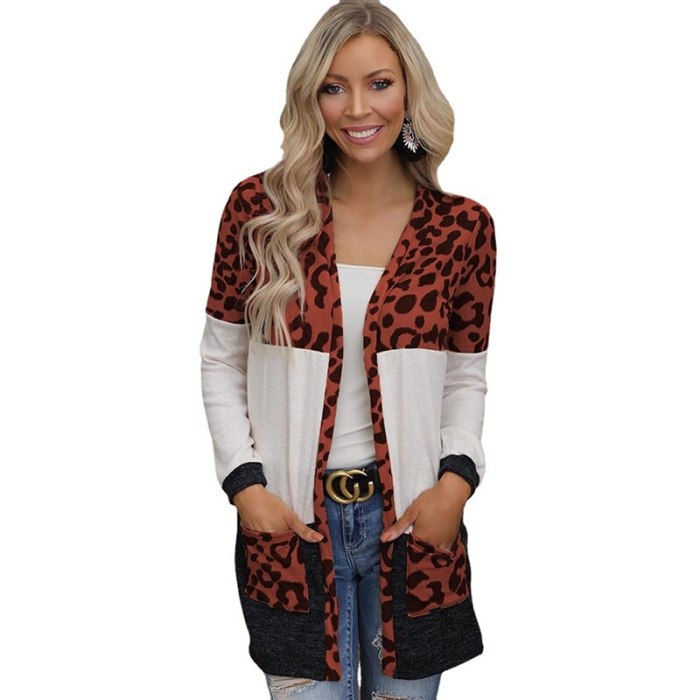 Autumn Winter Fashion Knitting Leopard Patchwork Cardigan Women's Jacket 2021 Casual Long Sleeve Loose Pocket Ladies Jacket Coat