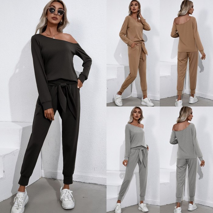 Fashion Women Sets Casual Bandage Pants Set Spring Fall Two Piece Set Womens Off Shoulder Tops And Harem Pants Matching Outfits