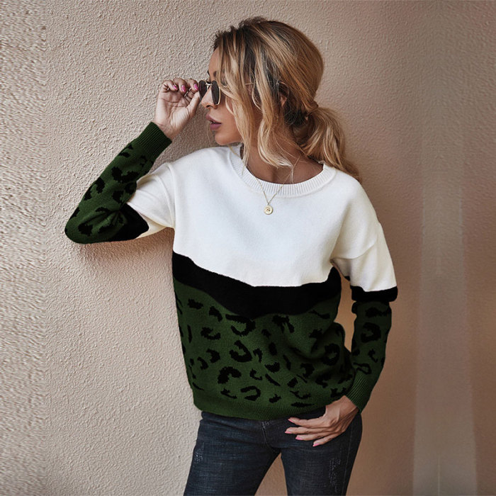 Fashion Leopard Patchwork Spring and Autumn 2022 Ladies Knitted Sweater Women O-neck Full Sleeve Jumper Pullovers
