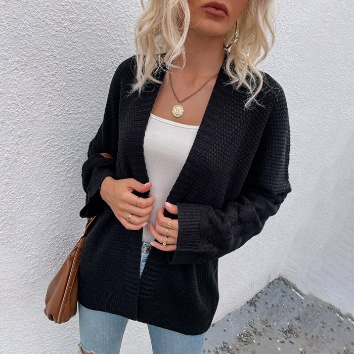 2021 autumn and winter new European and American V-neck cardigan solid color mid-length hollow sweater women