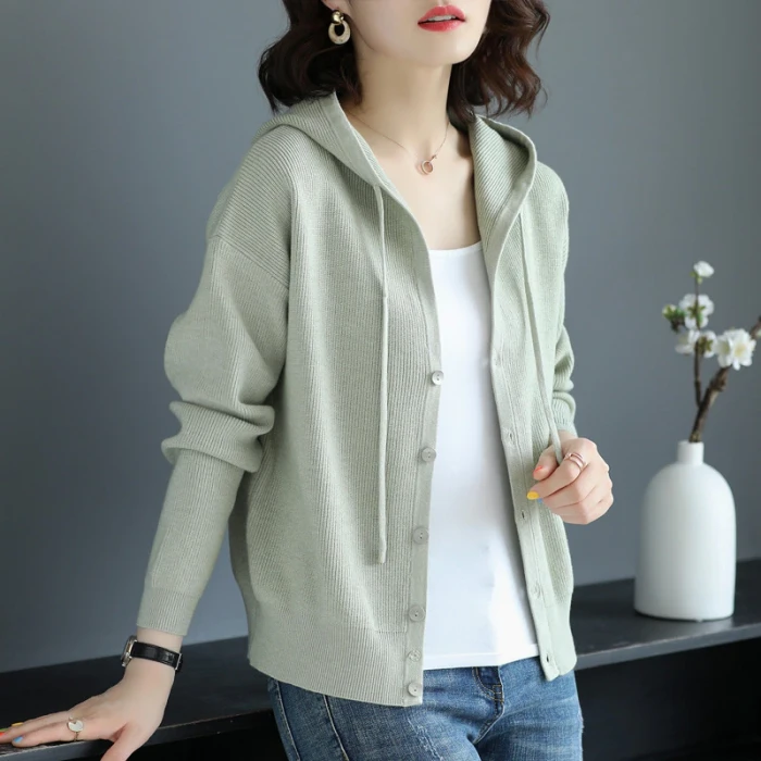 Women 2021 Spring Autumn Casual Hooded Thin Knitted Sweater Female Loose Cardigans Coat New Ladies Solid Outerwear NS4637