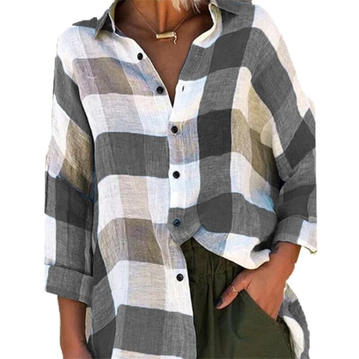 Plaid Shirt Women's 2021 Spring Autumn Fashion New Style Lapel Long Sleeve Loose Temperament Top Trendy 248