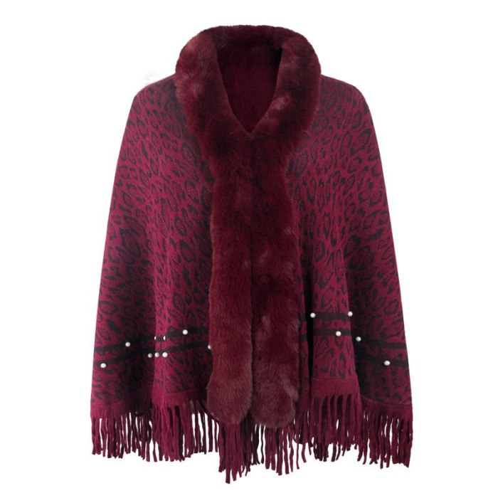 Leopard Print Fur Collar Coat Tassel Knitted Shawl Women Vintage Soft Warm Capes & Ponchos