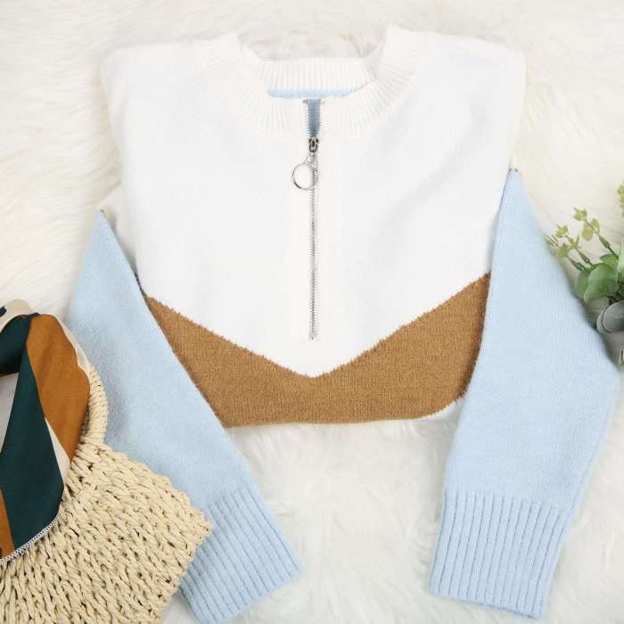 Patchwork Spring Sweater Ladies Knitted Sweater Women Zipper Full Sleeve Jumper Pullovers Top 2021