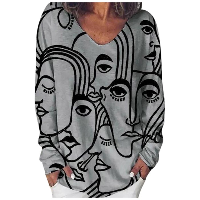 Abstract Print Sweatshirts Women Alternativetrend O-neckLong Sleeves loose plus size women clothing streetwear Hoodies