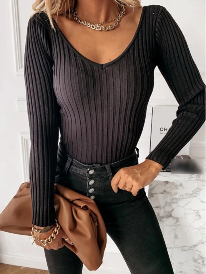 Women Sweater Autumn Ribbed Knitted V-Neck Long Sleeve Solid Color Sexy Slim Tops Black Wild Ladies Clothing