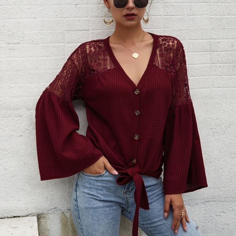 Hollow Lace Blouse 2022 New Women Tops Long Sleeve V Neck Work Wear Shirts Elegant Lady Casual Blouses