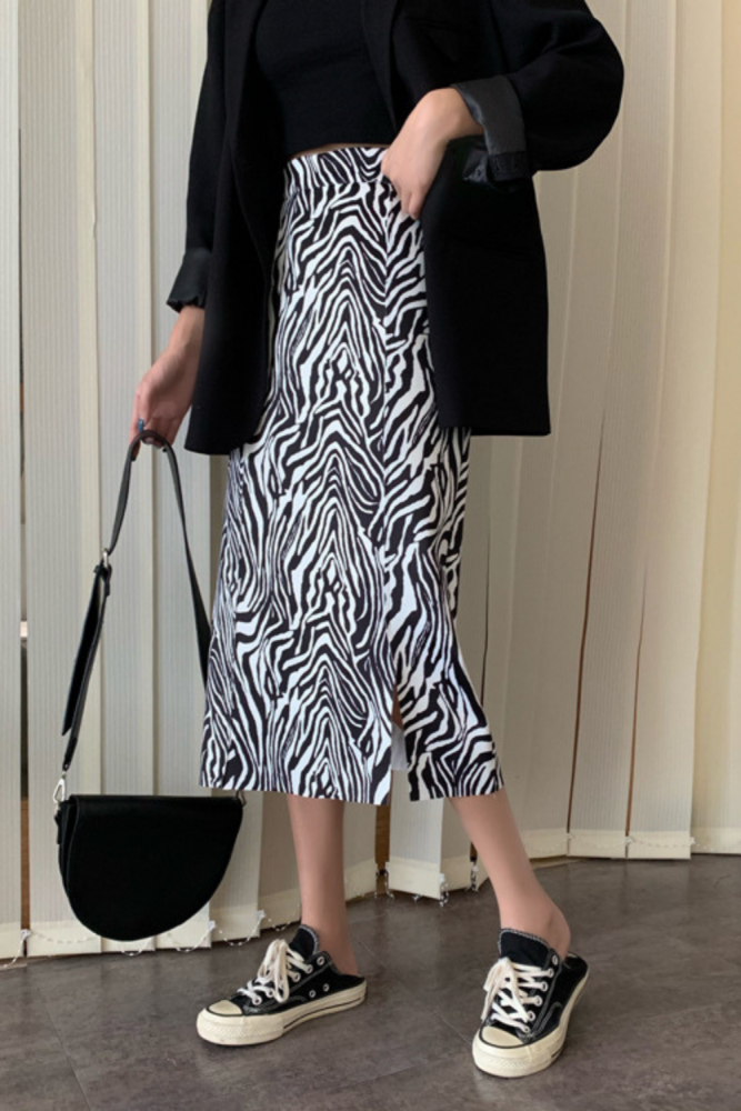 Women Zebra Print Knitted Skirt Straight-Fit Elastic Waist Back Split Midi Length Vintage Ladies Outfits