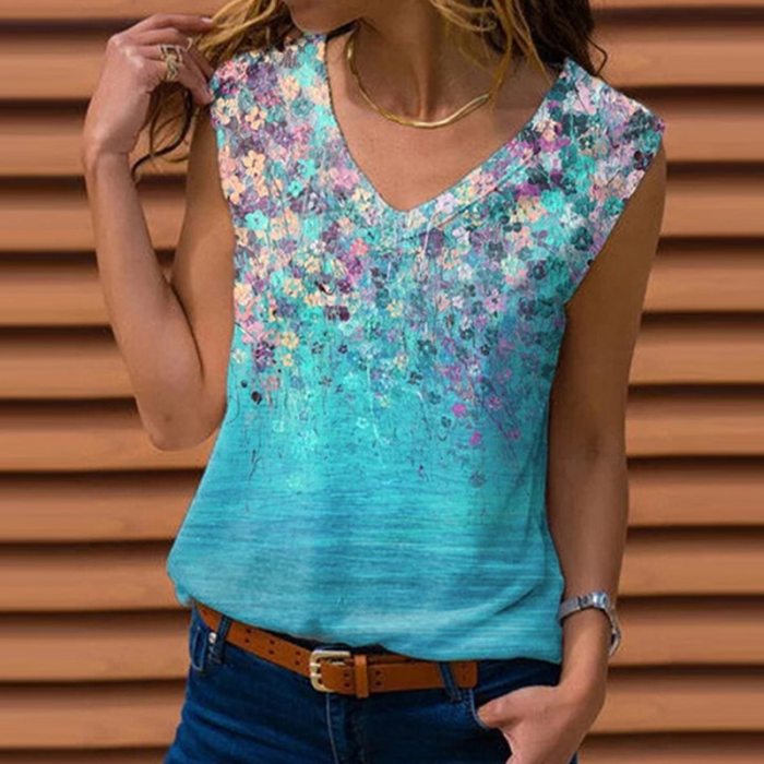 Fashion Flower Print Shirt Casual Spring Summer Sleeveless Pullover Tops Elegant Women V-Neck Blouse Streetwear Plus Size