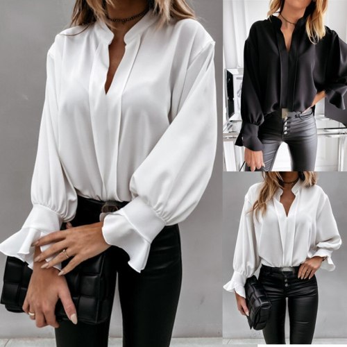 New Flare Sleeve Women's Blouse Sexy Deep V-neck Female Blouses 2021 Summer Patchwork Office Casual Ladies Long-sleeved Shirt