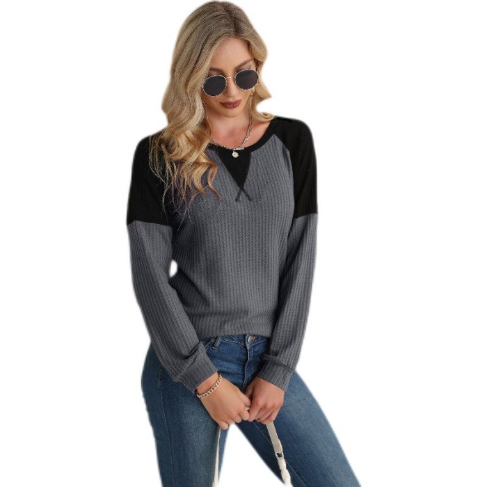2021 Spring and Autumn Knitted Pullover Top Round Neck Stitching Long-sleeved Sweater England Style Women's Fashion Clothing