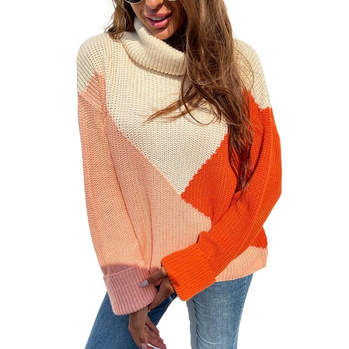 Fall/winter new color contrast lapel pullover sweater womens plus size knit pullover autumn simplee pull over sweater women