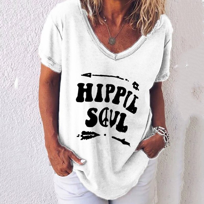 T Shirt Womens Summer Casual V Neck T-shirt Ladies Short Sleeve Letter Print Tops Plus Size Tee Shirt femme 2021