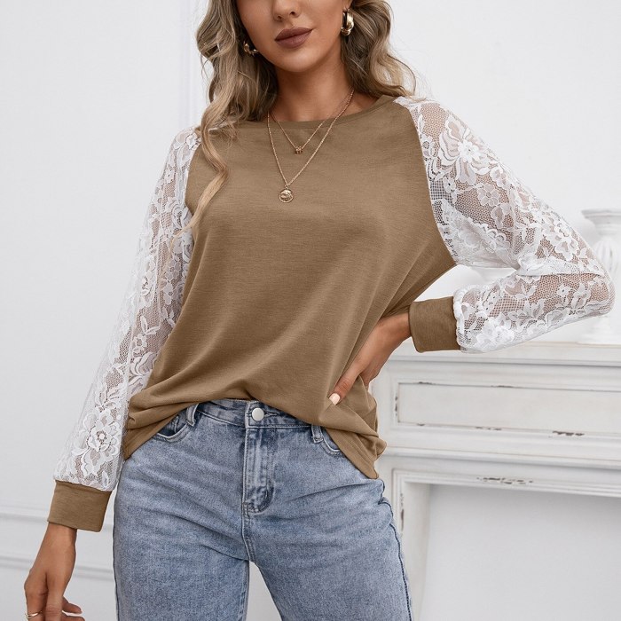 Women Round Neck Ladies Fashion Casual Long Sleeve Tops Sexy Lace Pullover Plus Size T-Shirt Solid Color Loose Cotton Tops