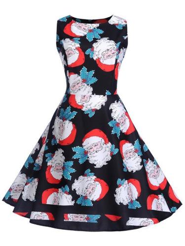 Women's Christmas Santa Claus Print Sleeveless Vintage Dress