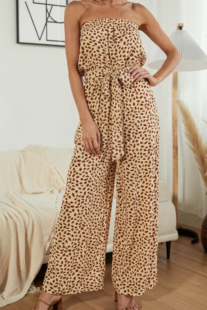 Sexy Heart-shaped Dot Print Lace-up Wide Legs Strapless Jumpsuit Casual Trousers Summer Sleeveless Long Romper 2021 Dropshipping