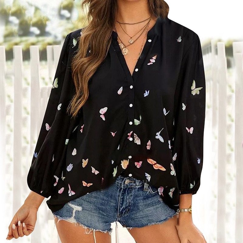 Elegant Butterfly Print V-neck Shirts Office Ladies Long Sleeve Button Blouses Vintage Women Spring Loose Tops Female Casual 3XL