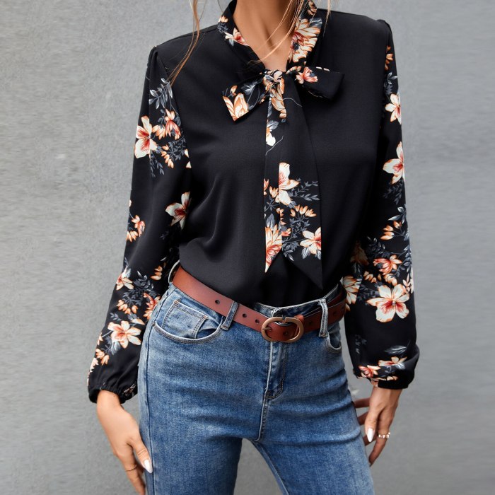 Long Sleeve Shirt For Women Autumn Tops Blouse Ladies Bow Collar Black Shirt Fashion Female Blusas Elegantes Floral Patchwork