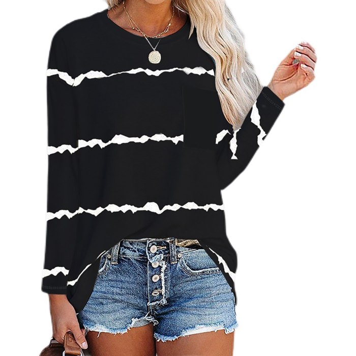 Womens Long Sleeve Tops Tee Striped Print Loose Pullover Tops with Pocket Striped Printed Clothes Tees Spring Female