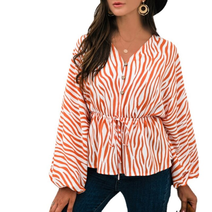 Orange Sexy V-Neck Striped Button Bandage Long-Sleeved T-Shirt Tops Women Autumn 2021 Fashion Black Plus Size Harajuku Clothing