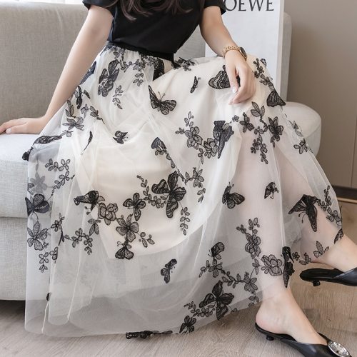 Maxi Tulle Mesh Pleated Skirt Women Summer Chic Floral Butterfly Embroidery High Elastic Waist Layered Fairy Skirt Female