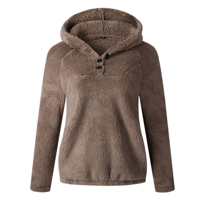 2021 Sherpa Fleece Sweater Winter Hooded Teddy Fleece Pullover Chic Button V-neck Tops Women Sexy Streetwear Teddy Sweaters