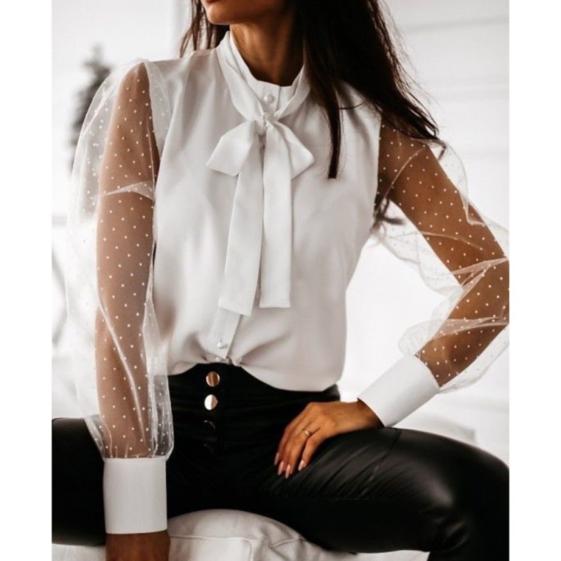 Woman Mesh Patchwork Blouse Long Sleeve Blouse White Lace Transparent Dot Bow Knot Blouses Pullover Office Lady Solid Shirts