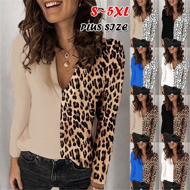 Women White V-neck Leopard Printed Splicing Shirt Loose Tops Casual Chiffon Woman Blouse Women's Plus Size Street Clothes S-5XL