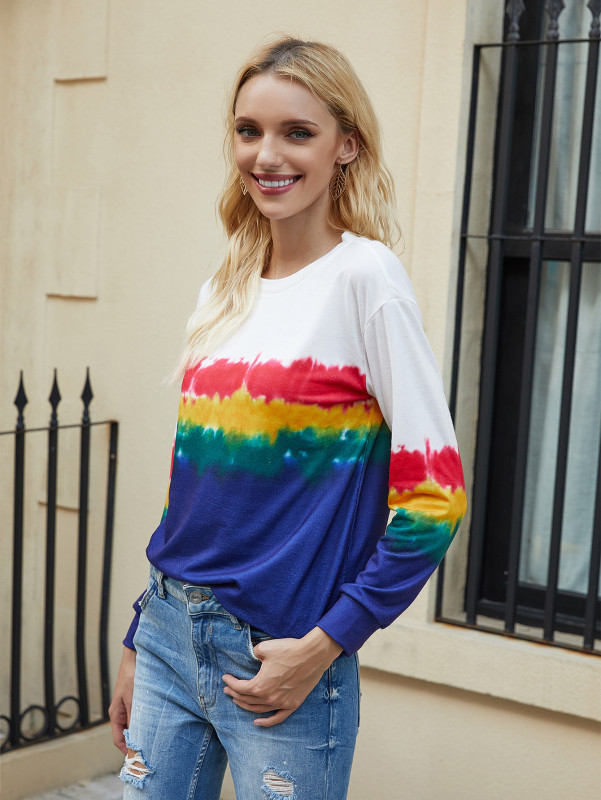Plus Size 3xl Women New Patchwork T-shirt Ladies Elegant Leisure Casual Tops 2021 Long Sleeve Rainbow Print Tees Shirt Femme