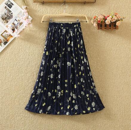2021 Summer New Women'S Clothing High Waist Was Thin Wild A Word Floral Pleated Skirt Printed Chiffon Mid-Length Skirt