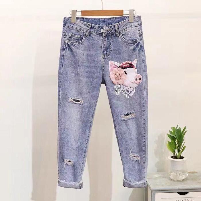 Embroidered Three-dimensional Flower Jeans Women's Spring And Summer 2021 New Fashion All-match Ripped Denim Nine-point Pants