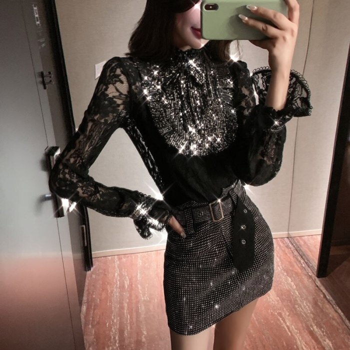 Women's Blouse Shirt Flare Sleeve Sequins Lace Tops