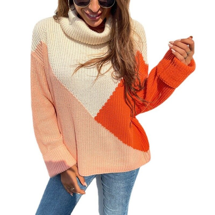 Fall/winter new color contrast lapel pullover sweater womens plus size knit pullover autumn simplee pull over sweater women