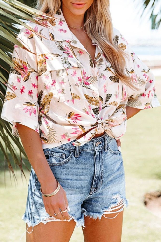 Summer Women Half Sleeve Floral Printed Shirts Blouses Fashion Casual Loose Button Pockets Tops Street Shirts