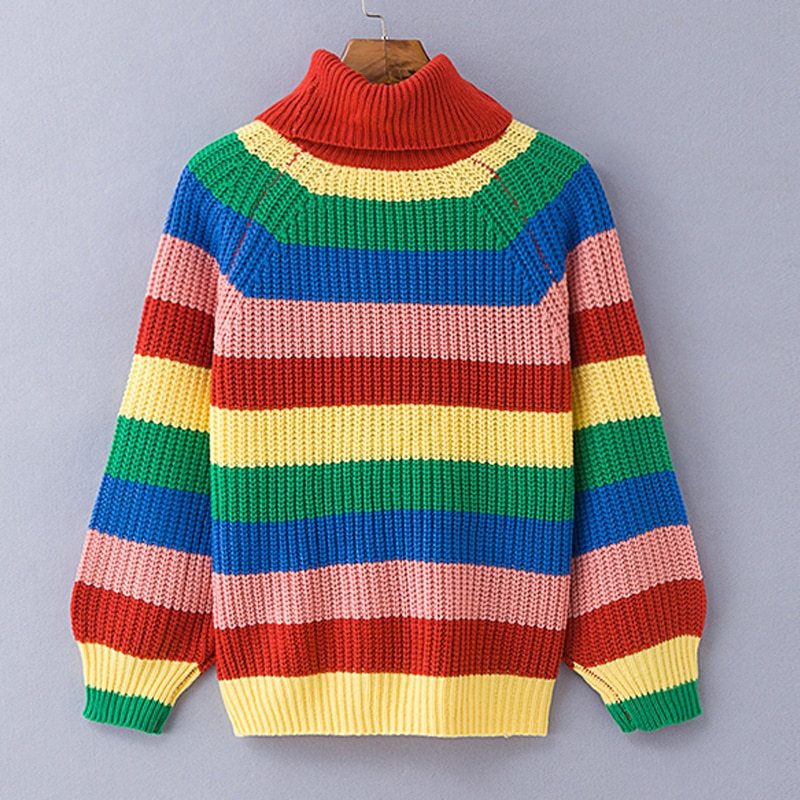 Rainbow Turtleneck Sweaters Women Striped Oversized Pullover
