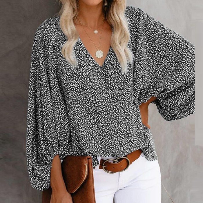 Oversize Loose Shirts Womens Blouses Long Sleeve Vintage Print Top Loose Female Tops Pullover Casual V Neck Spring Clothes Mujer