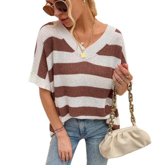 Women Sweater Striped Print V Neck Knitted Casual Loose Top Female Short Sleeve Fashion Pullovers Lady Jumper