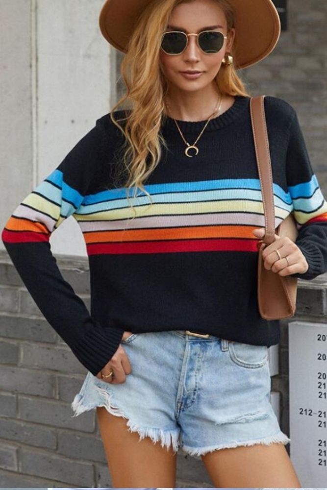 2021 New Autumn Women Sweater Pullover Casual O-Neck Rainbow Striped Patchwork Warm Sweater Lady Knitted Pullovers