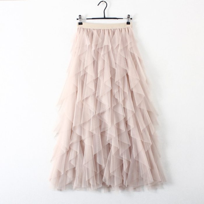 Irregular Tulle Skirt Women 2021 Spring Summer Korean Elegant High Waist Pleated Skirt Female A-line Long Maxi Skirt