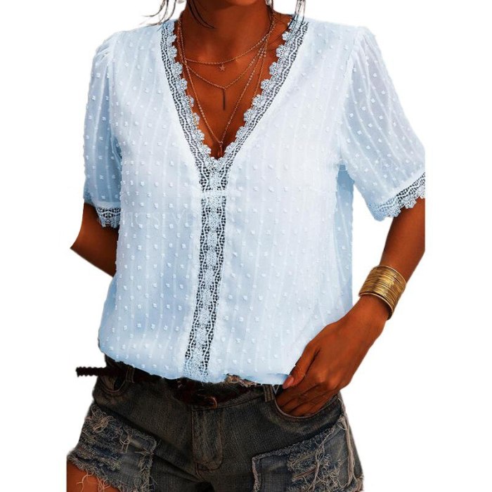 Sexy V Neck Lace Patchwork Chiffon Blouse Tops Casual Short Sleeve Lace Crochet Blusas Tops WDC7519