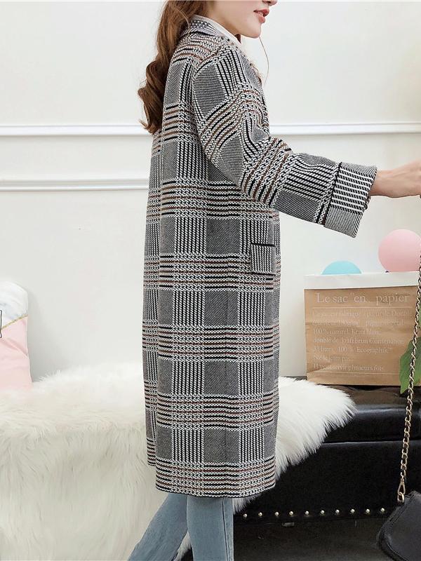 Casual Plaid Tailored Collar Knit Cardigan