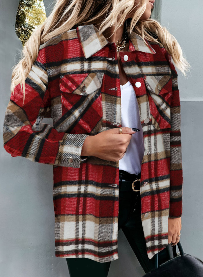 Long Plaid Jacket Women Coat Overshirt Winter Checkered Jacket Female Long Sleeve Shirt Jacket For Women