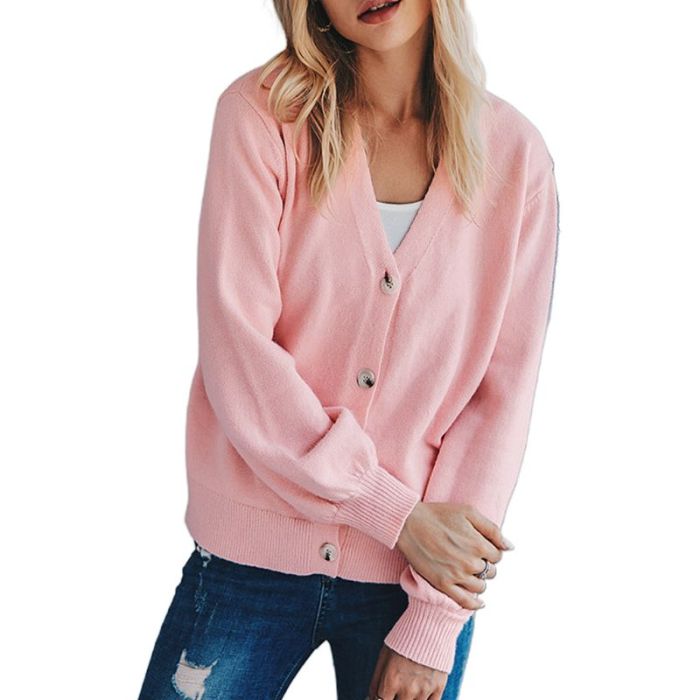 Women Long Sleeve Knitted Sweater Tops Solid Color Open Front Slim Cardigan Button Down V-Neck Coat Outwear