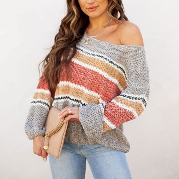 Pullovers Women Striped Knitted Sweater Warm Casual Long Sleeve Off Shoulder Loose Knit Young Girl Fashion Casual Jumper Autumn