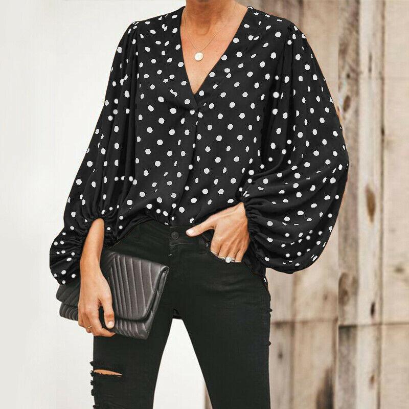 Polka Dot V-neck Lantern Sleeve Lady's Blouses